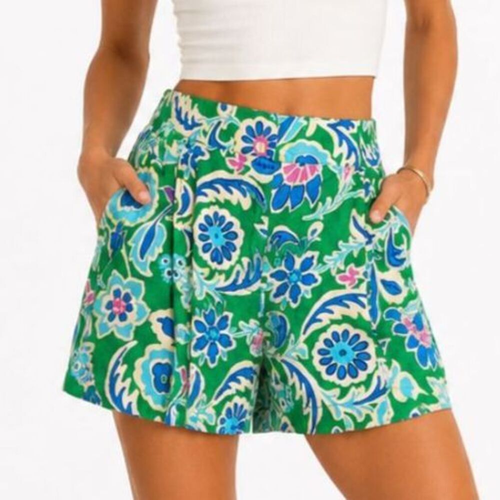 Umgee USA Green Blue Floral Paisley Cotton Shorts Size Small Boho Cottagecore